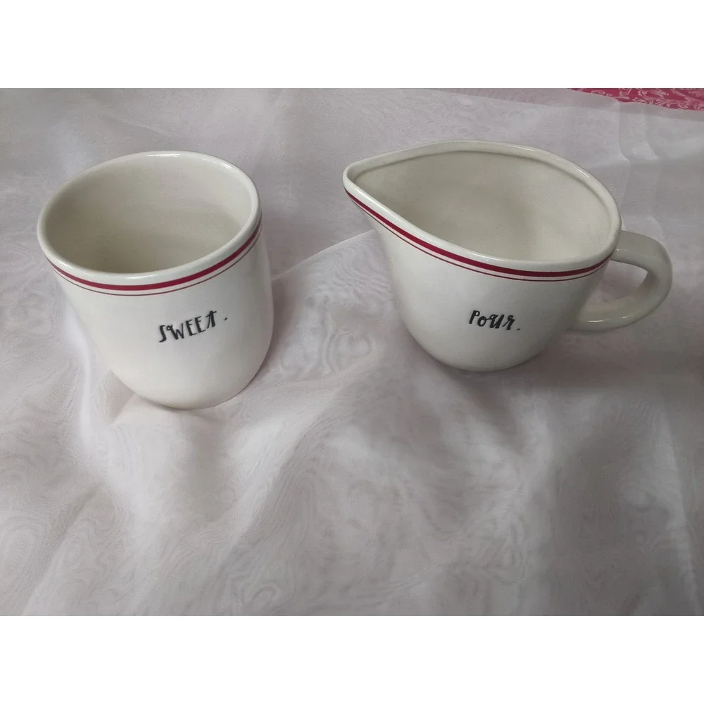 Rae Dunn Magenta Sweet and Pour Creamer and Sugar Set White Red Stripe Farmhouse
